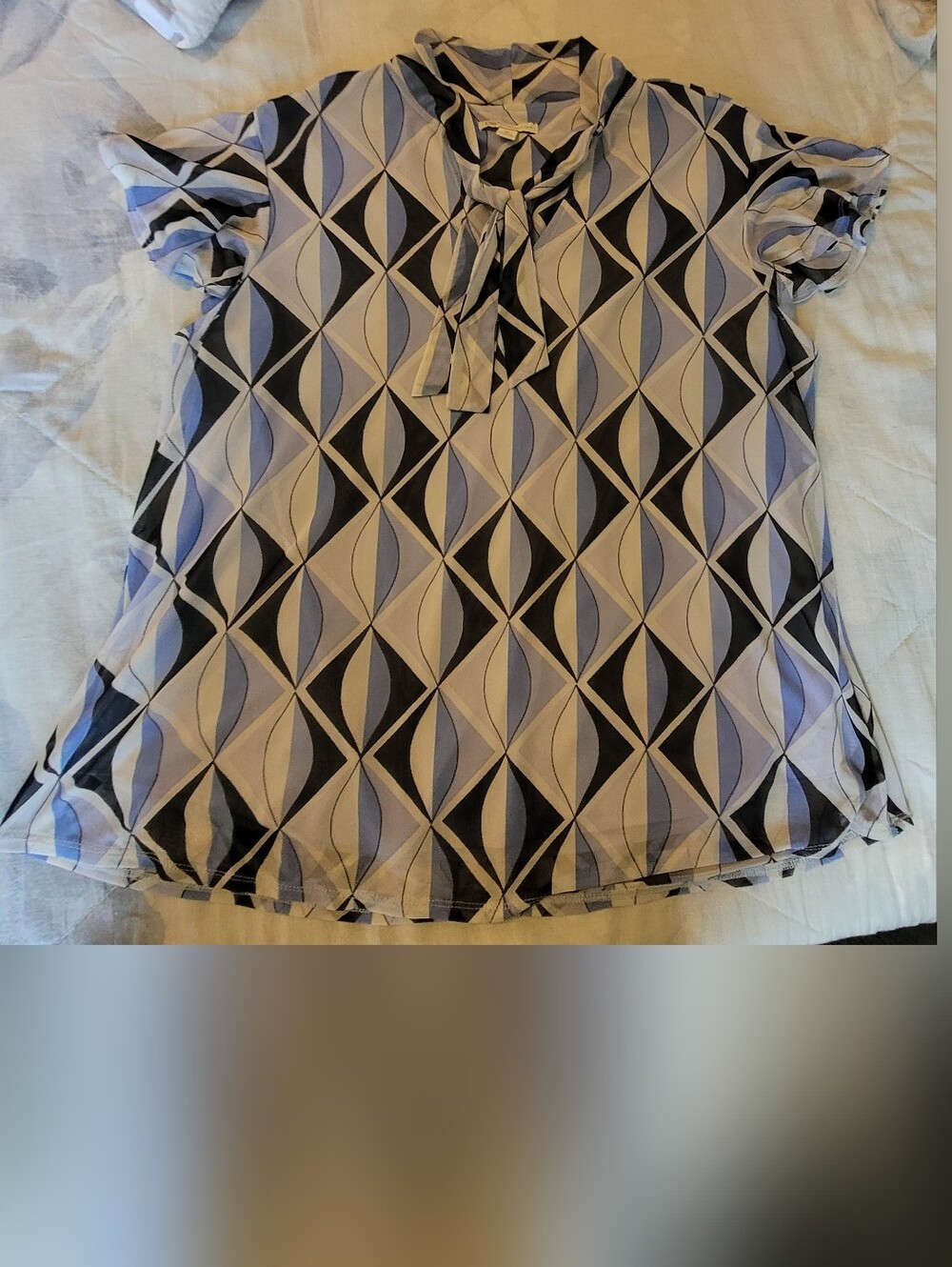 Cato Black, White & Periwinkle Geometric Tie-Neck Blouse